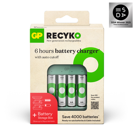 GP Recyko充電電池入門套裝 — 含充電器 (B423) + 4粒 2100mAh AA充電電池 (附送電池收納盒)