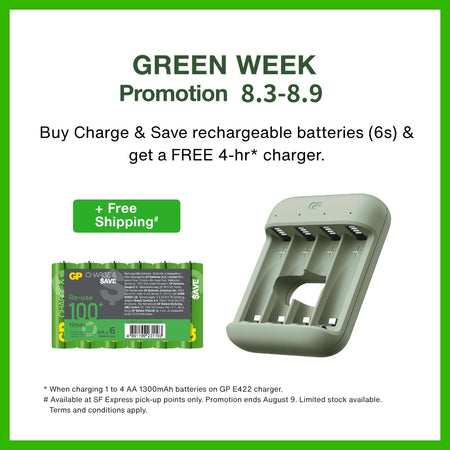 GP Charge & $ave AA充電池 1300mAh (6粒裝) + 4小時充電器