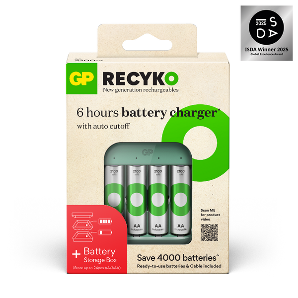 GP Recyko充電電池入門套裝 — 含充電器 (B423) + 4粒 2100mAh AA充電電池 (附送電池收納盒)
